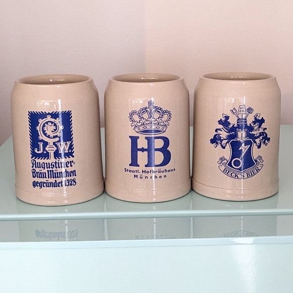 German set of 3 beer mugs ceramic stoneware Germany blue logo - Picture 9 of 13